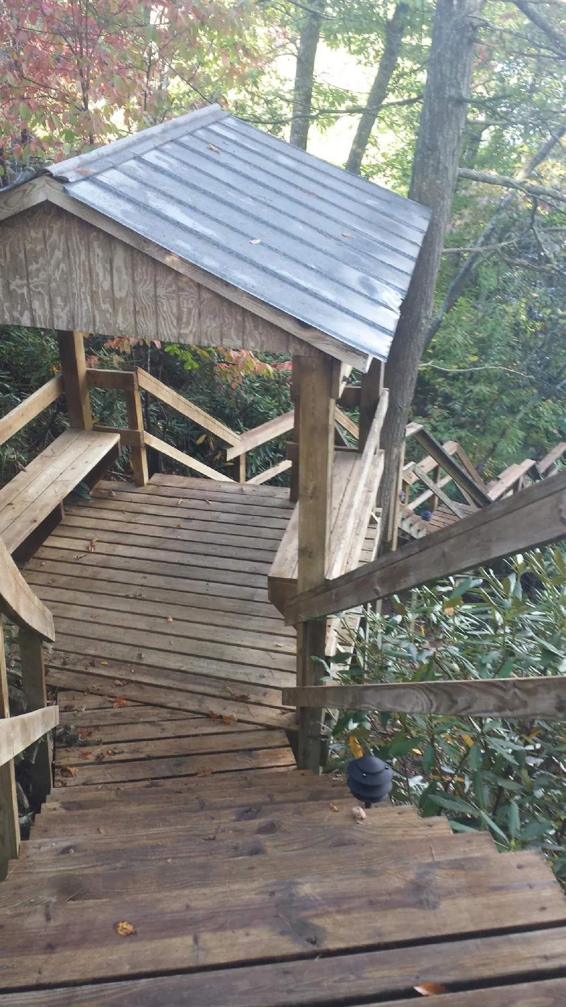 Metal roofed shelter over wooden steps on a wooded walkway — Skylight Repair & Installation work by our crew in Harrells
